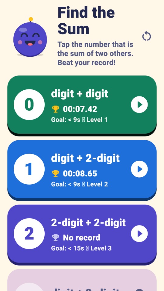 Home screen with the seven level cards