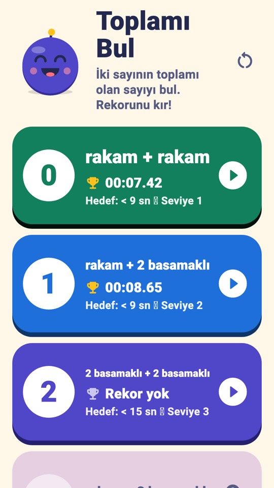 Yedi seviye kartının olduğu ana ekran